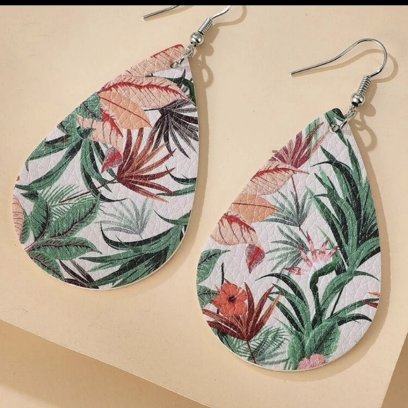 Tropical Leather Teardrop Earrings - Picture 2 of 4
